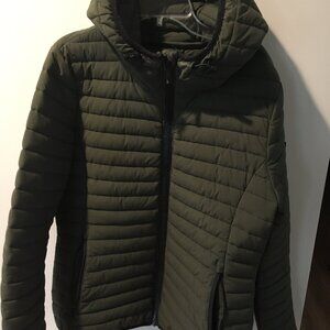 BCBGMAXAZRIA Feather Free Down Filled Winter Jacket Green and Black with Hood M